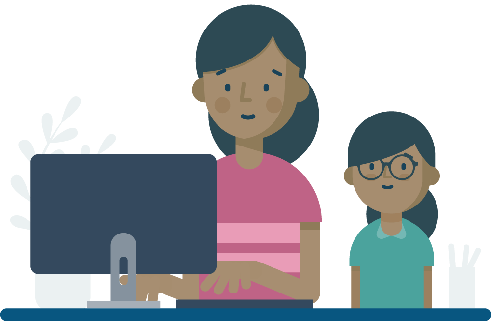 Illustration of carer and child using a computer to research a trial